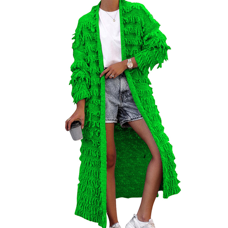 Long Solid-Color Tassel Knit Cardigan