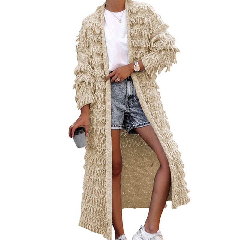 Long Solid-Color Tassel Knit Cardigan