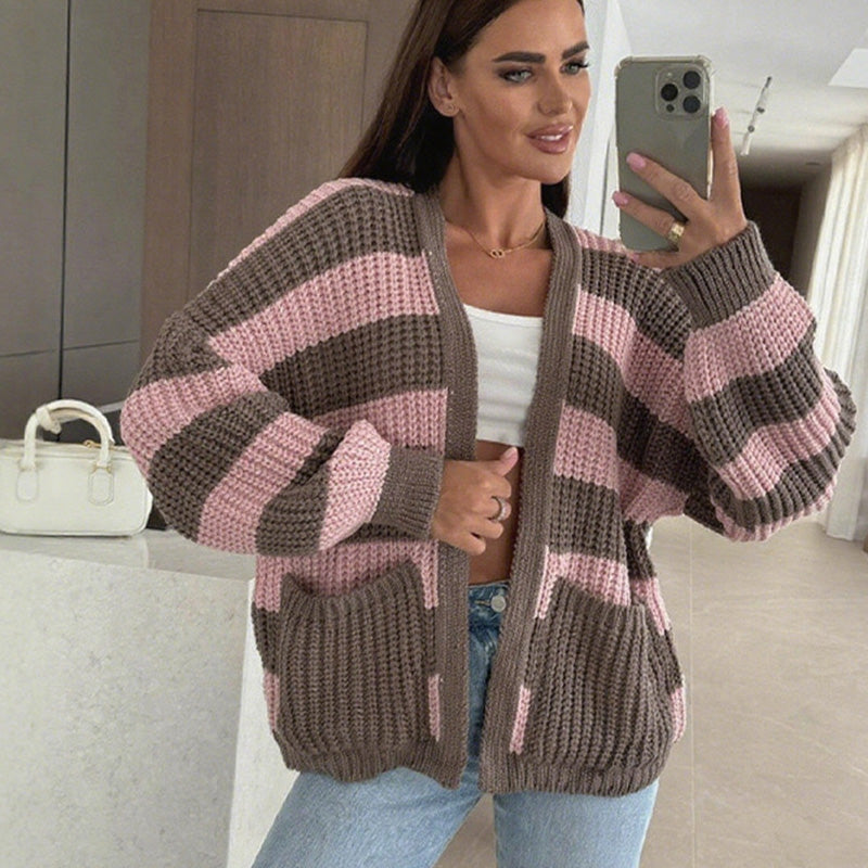 Women's Stylish Striped Open Front Sweater