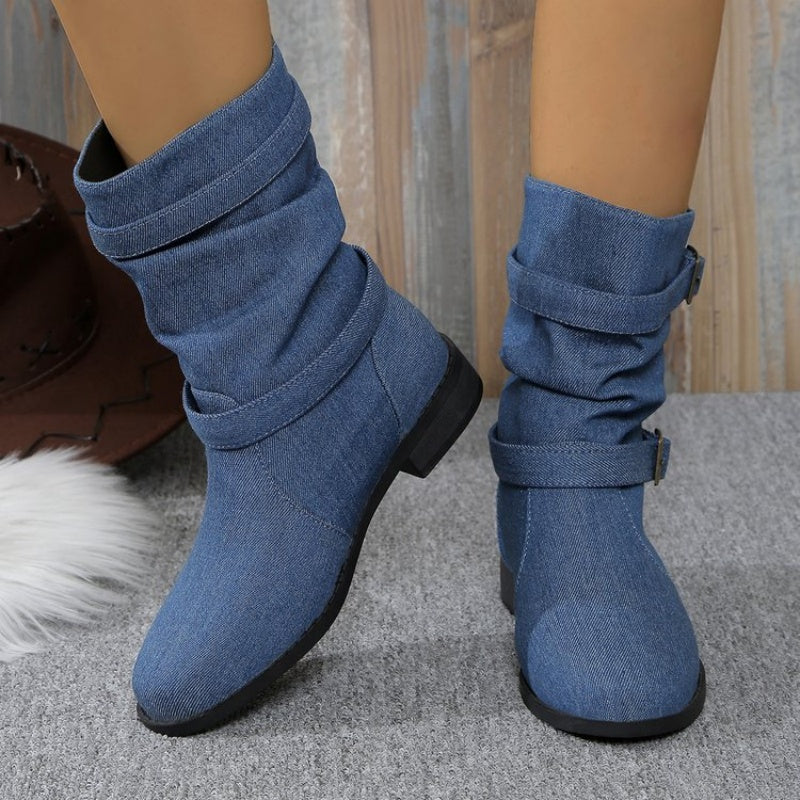 Women's Denim Buckle Strap Ankle Boots