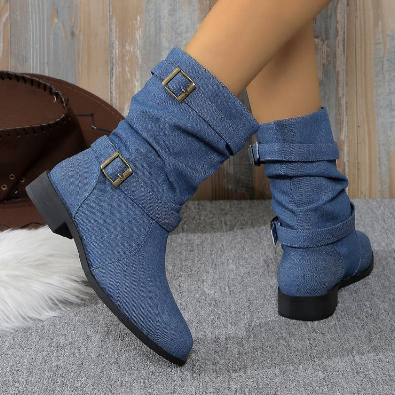 Women's Denim Buckle Strap Ankle Boots