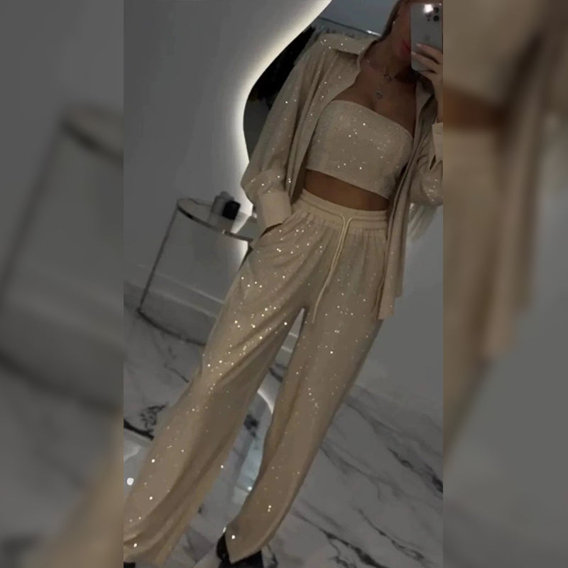 🌟New arrivals at half price-Women's Sequin Blazer & Wide-Leg Pants Three-Piece Set