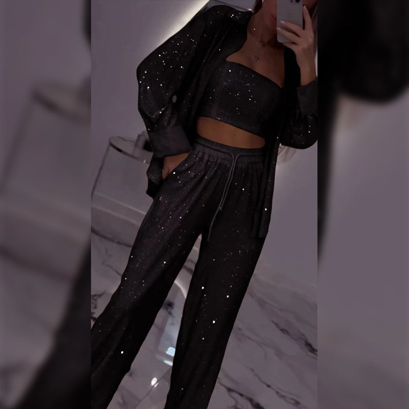 🌟New arrivals at half price-Women's Sequin Blazer & Wide-Leg Pants Three-Piece Set