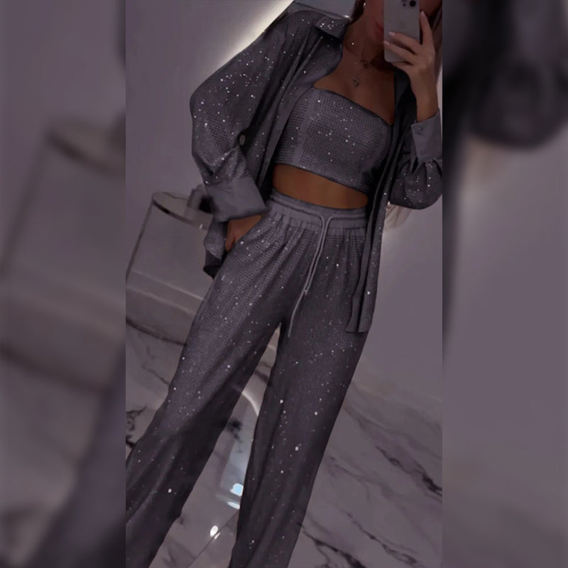 🌟New arrivals at half price-Women's Sequin Blazer & Wide-Leg Pants Three-Piece Set