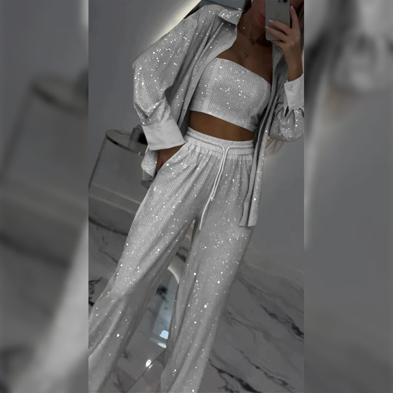 🌟New arrivals at half price-Women's Sequin Blazer & Wide-Leg Pants Three-Piece Set