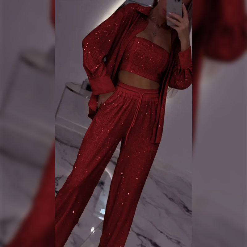 🌟New arrivals at half price-Women's Sequin Blazer & Wide-Leg Pants Three-Piece Set
