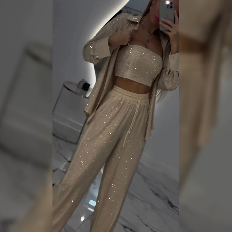 🌟New arrivals at half price-Women's Sequin Blazer & Wide-Leg Pants Three-Piece Set