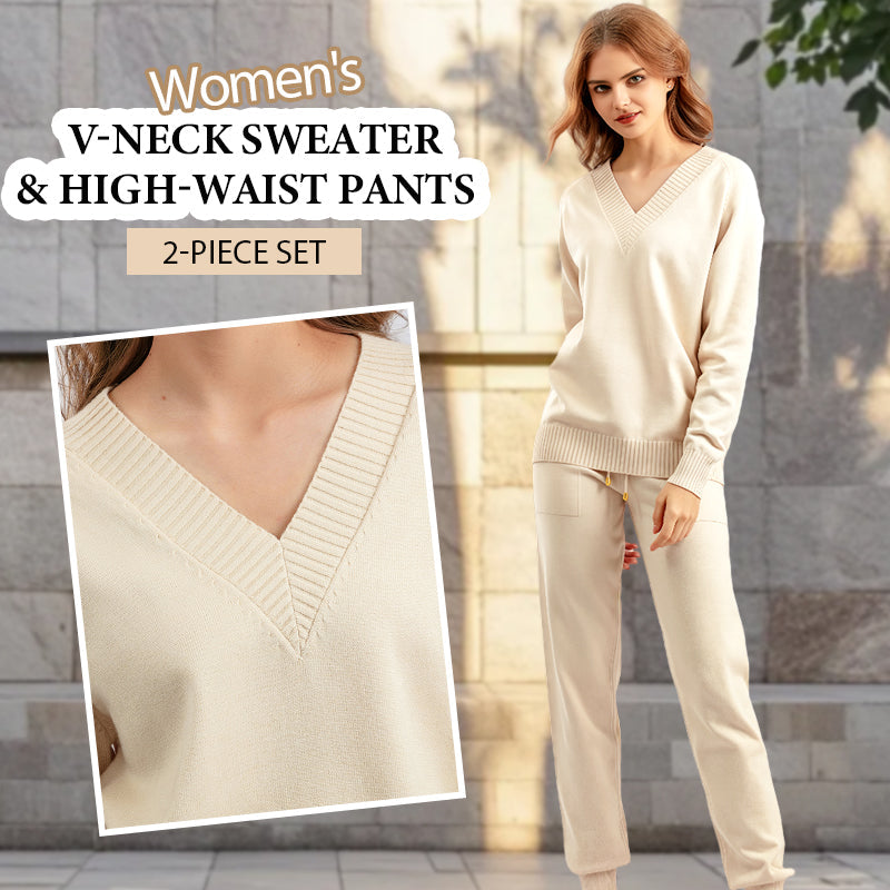 Women's V-Neck Sweater & High-Waist Pants 2-Piece Set