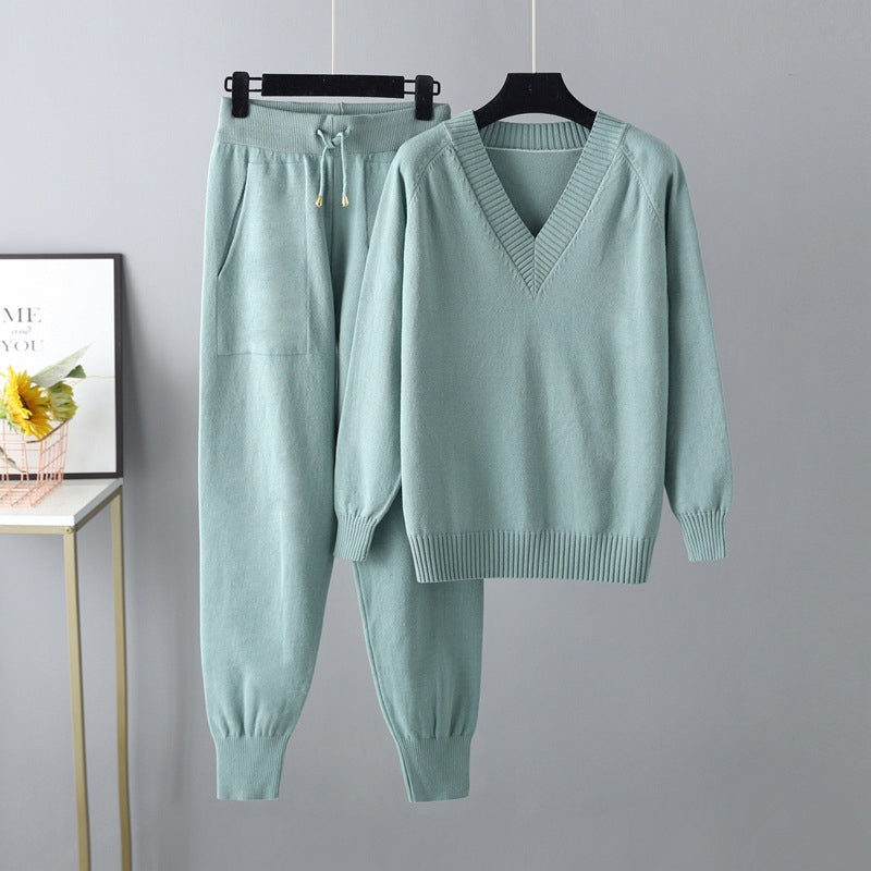 Women's V-Neck Sweater & High-Waist Pants 2-Piece Set