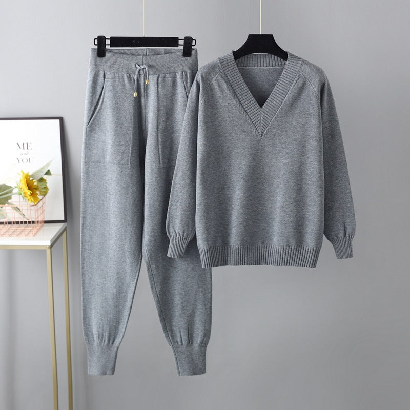 Women's V-Neck Sweater & High-Waist Pants 2-Piece Set