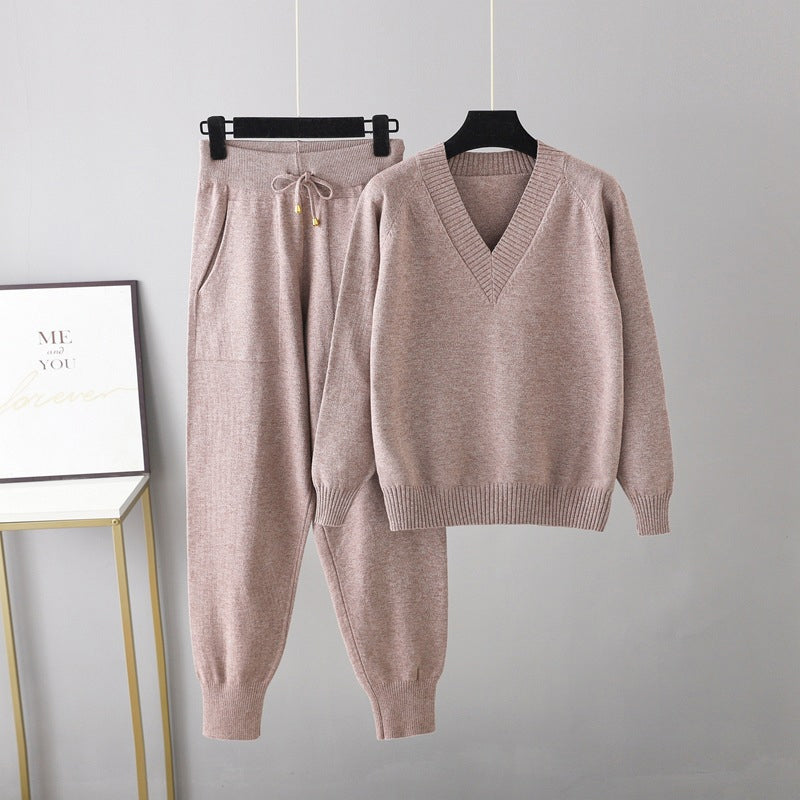 Women's V-Neck Sweater & High-Waist Pants 2-Piece Set