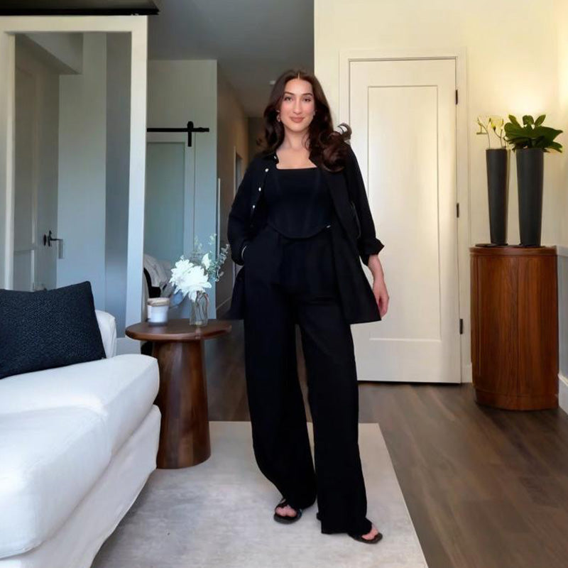 🍁Autumn's best-selling-Solid Color Relaxed Shirt & Wide-Leg Pants Set