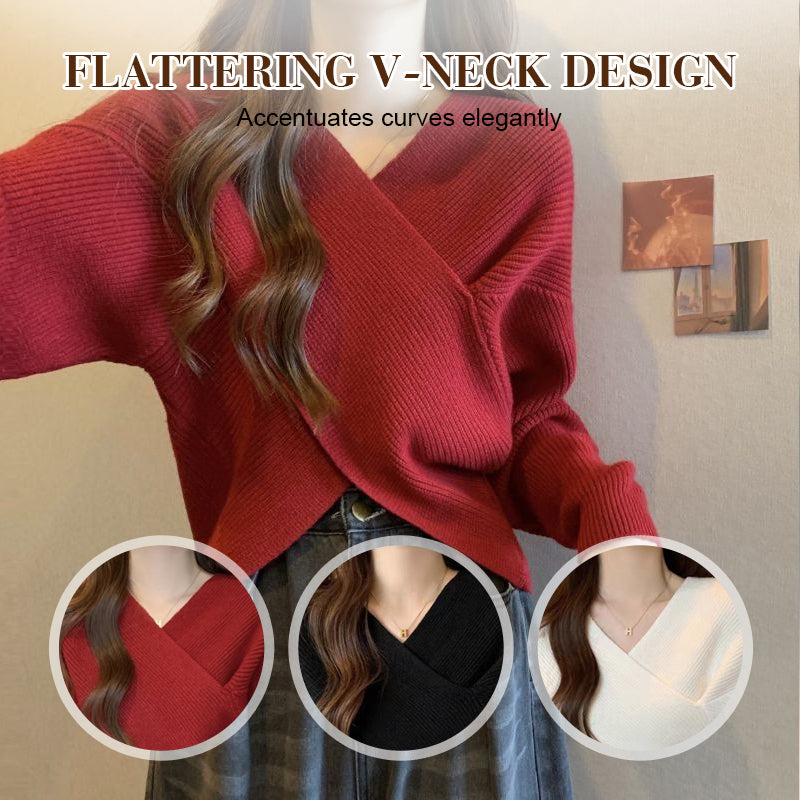 💥High-quality women's clothing-Chic V-Neck Long Sleeve Wrap Front Sweater