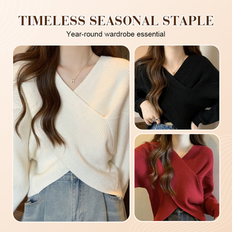 💥High-quality women's clothing-Chic V-Neck Long Sleeve Wrap Front Sweater