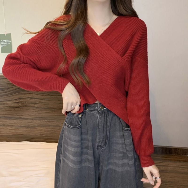 💥High-quality women's clothing-Chic V-Neck Long Sleeve Wrap Front Sweater