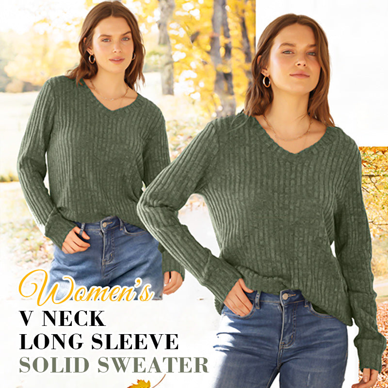 🔥50% off sale now!-Women's V Neck Long Sleeve Solid Sweater