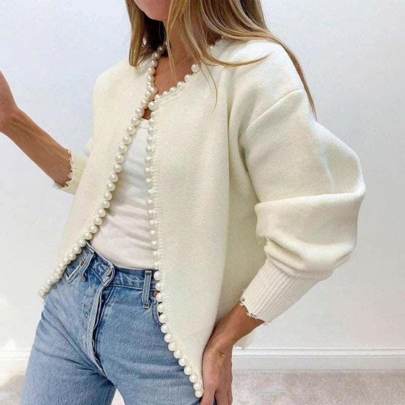 🔥Hot Sale Offer: 50% Off-Women's Pearl Accent Cropped Knit Cardigan