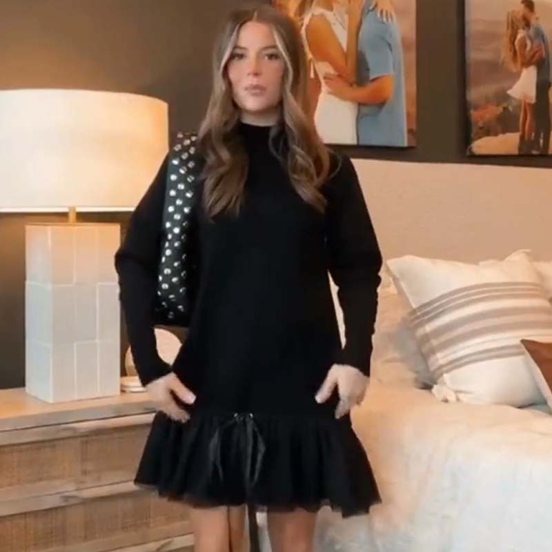 💖LAST DAY PROMOTION - 50%OFF 💖 Women's Turtleneck Ribbed Knit Sweater Tulle Mini Dress