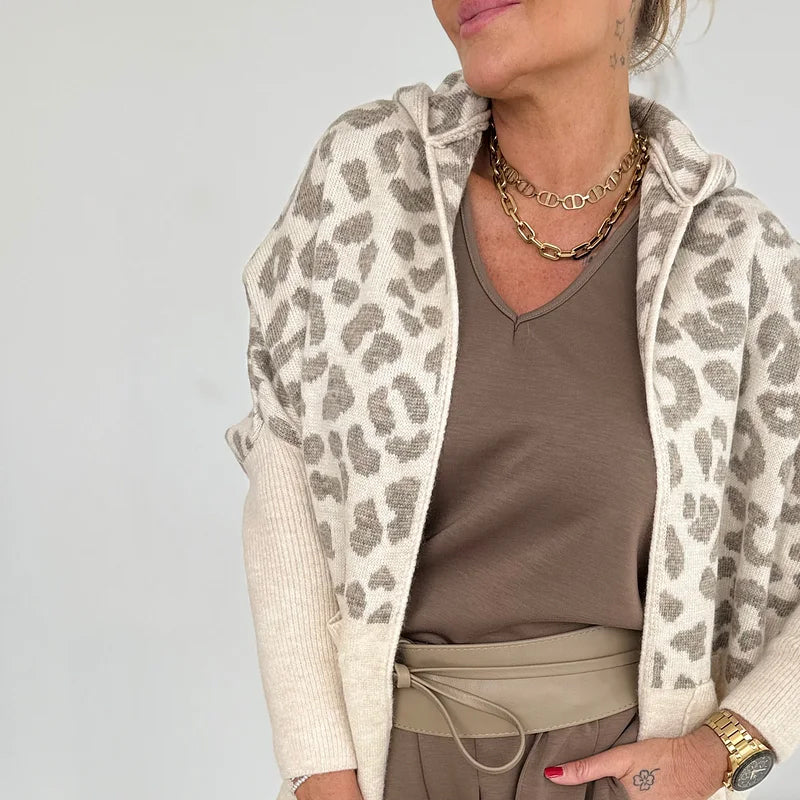 🔥Limited-time offer-Women's Hooded Leopard Print Knitted Jacket with Pockets