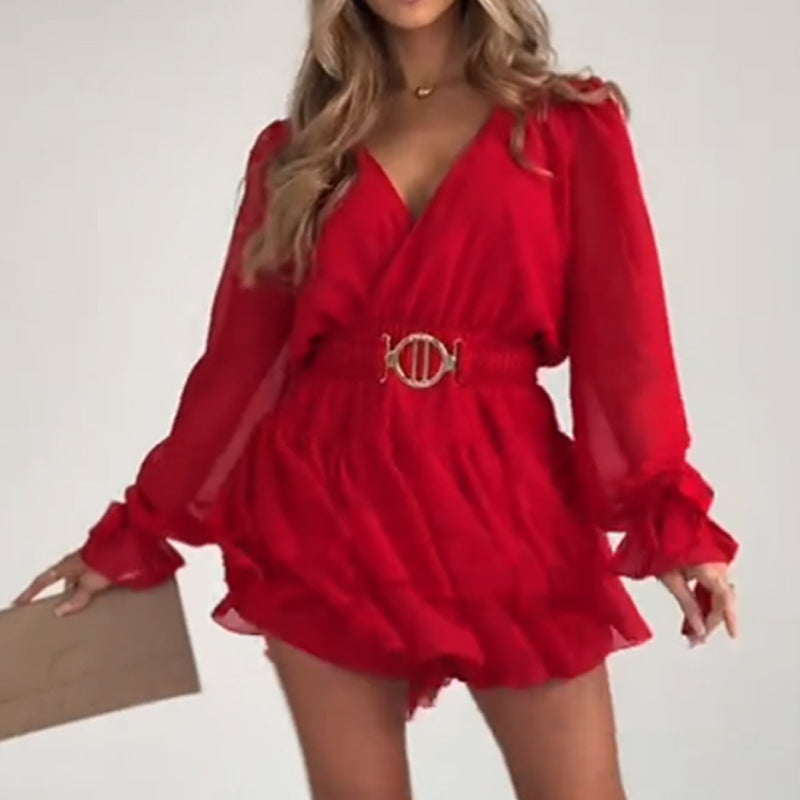 🔥Hot Sale Offers-Women's Fashion Long Sleeve V-Neck Mini Dress