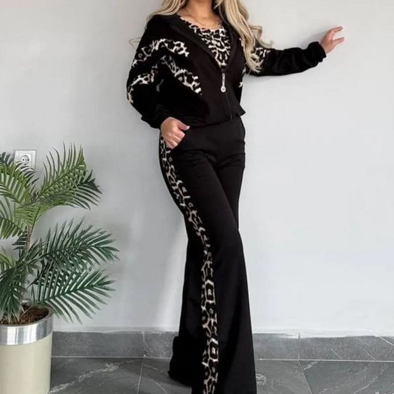 Women’s Chic Leopard Print Stripe Tracksuit 3-Piece Set
