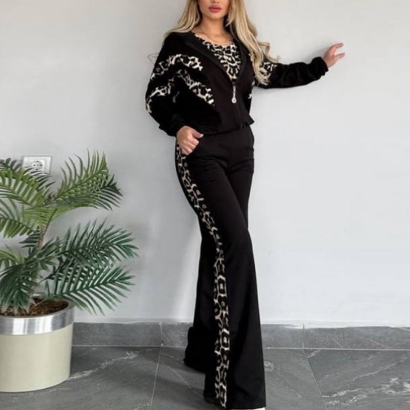 Women’s Chic Leopard Print Stripe Tracksuit 3-Piece Set
