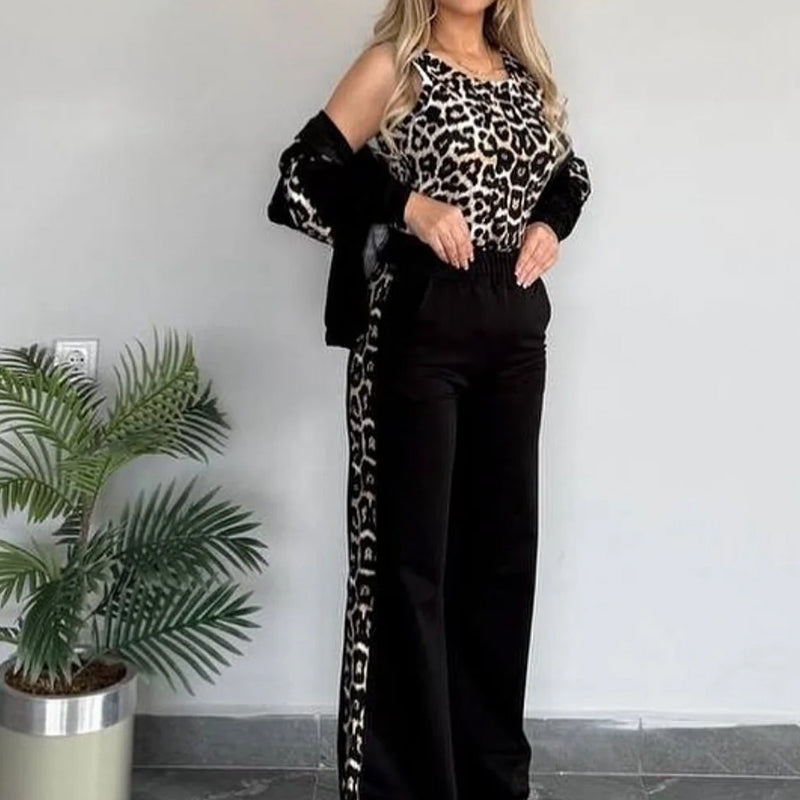 Women’s Chic Leopard Print Stripe Tracksuit 3-Piece Set