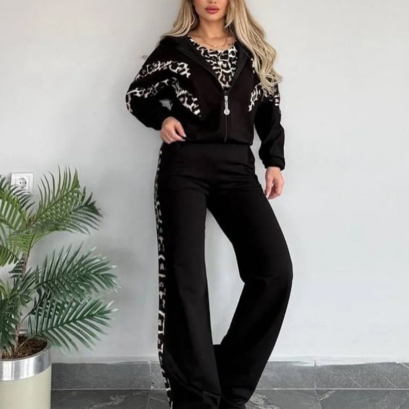 Women’s Chic Leopard Print Stripe Tracksuit 3-Piece Set