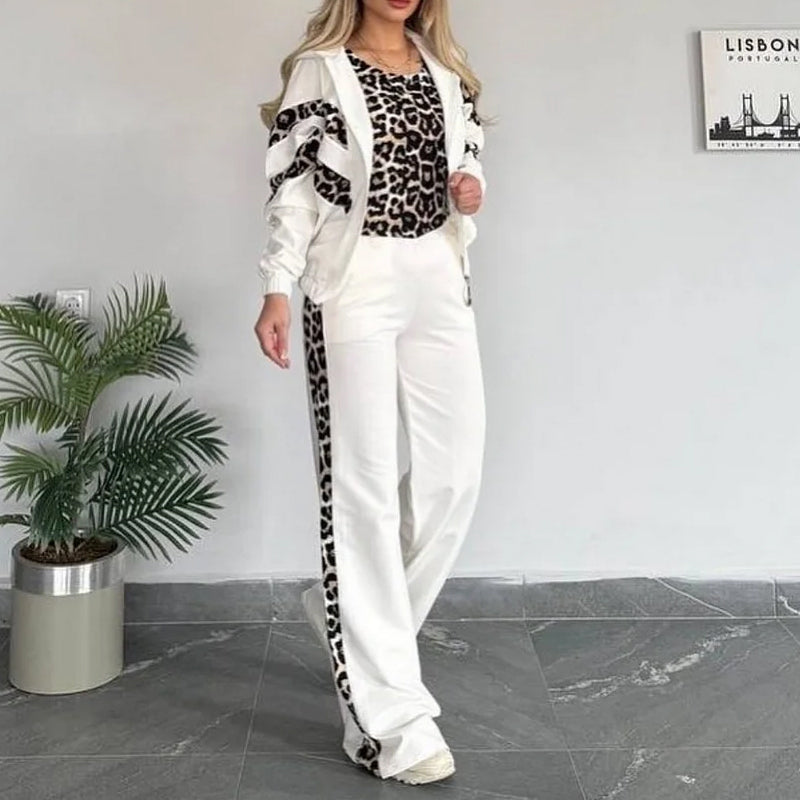 Women’s Chic Leopard Print Stripe Tracksuit 3-Piece Set