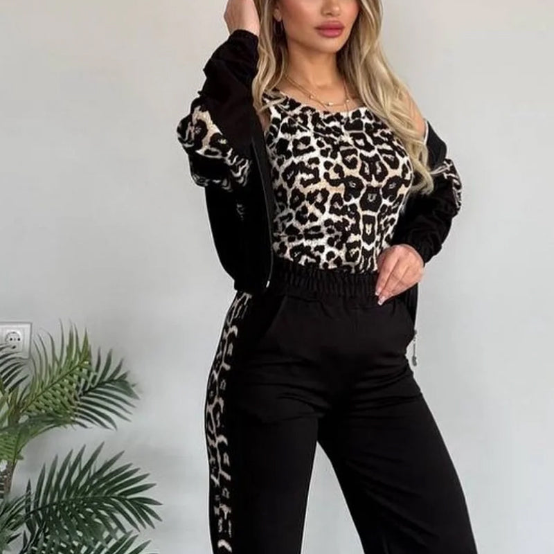 Women’s Chic Leopard Print Stripe Tracksuit 3-Piece Set