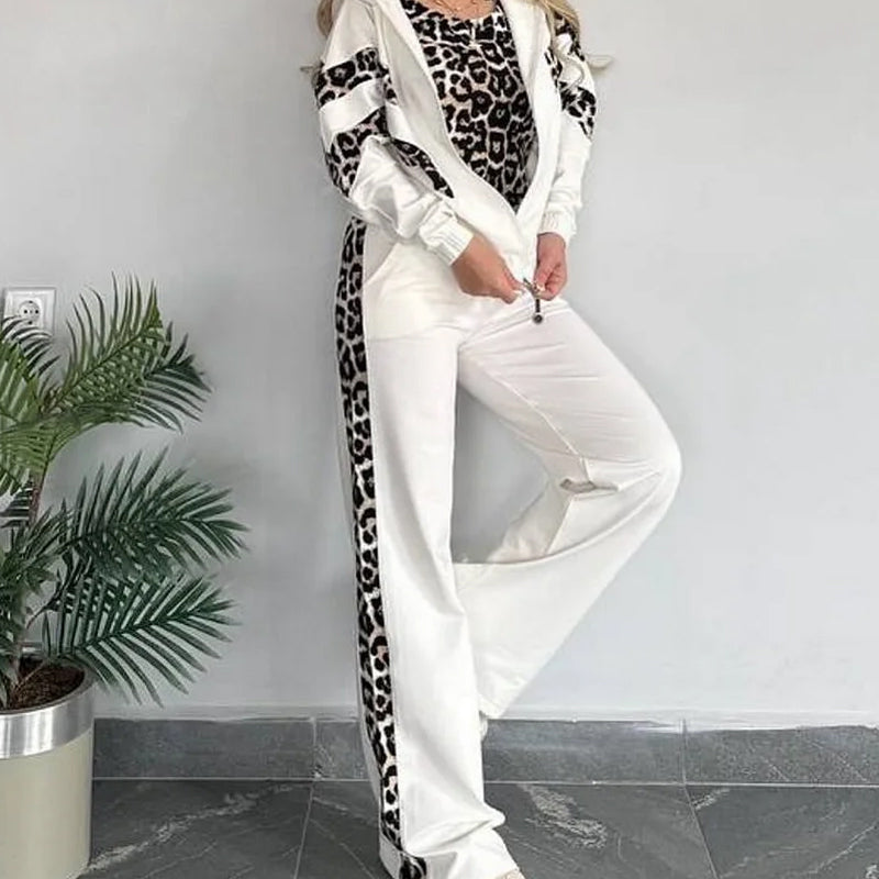 Women’s Chic Leopard Print Stripe Tracksuit 3-Piece Set