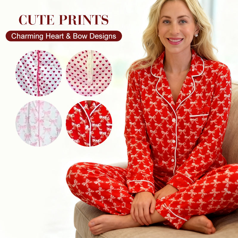 Women’s Heart-Printed Button-Down Long-Sleeve Pajama Sets