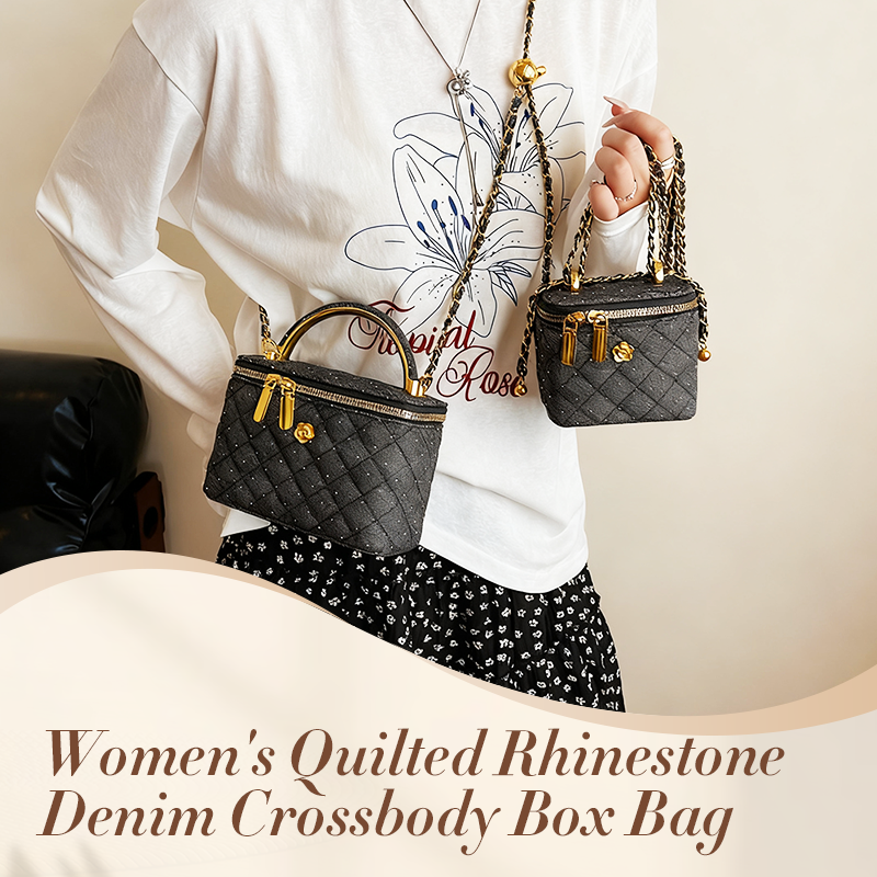Women's Quilted Rhinestone Denim Crossbody Box Bag