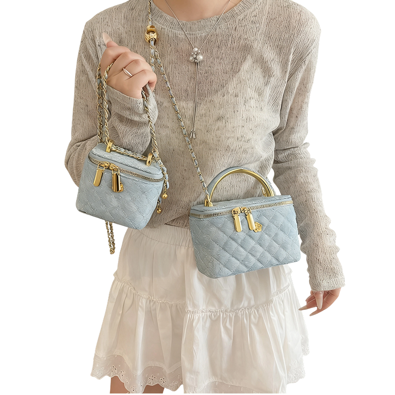 Women's Quilted Rhinestone Denim Crossbody Box Bag