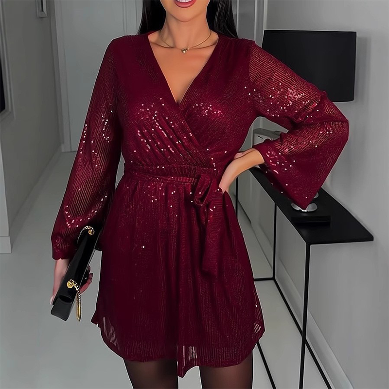 🔥Limited-time offer-Women's Sparkly V-Neck Long Sleeve Dress with Waist Tie