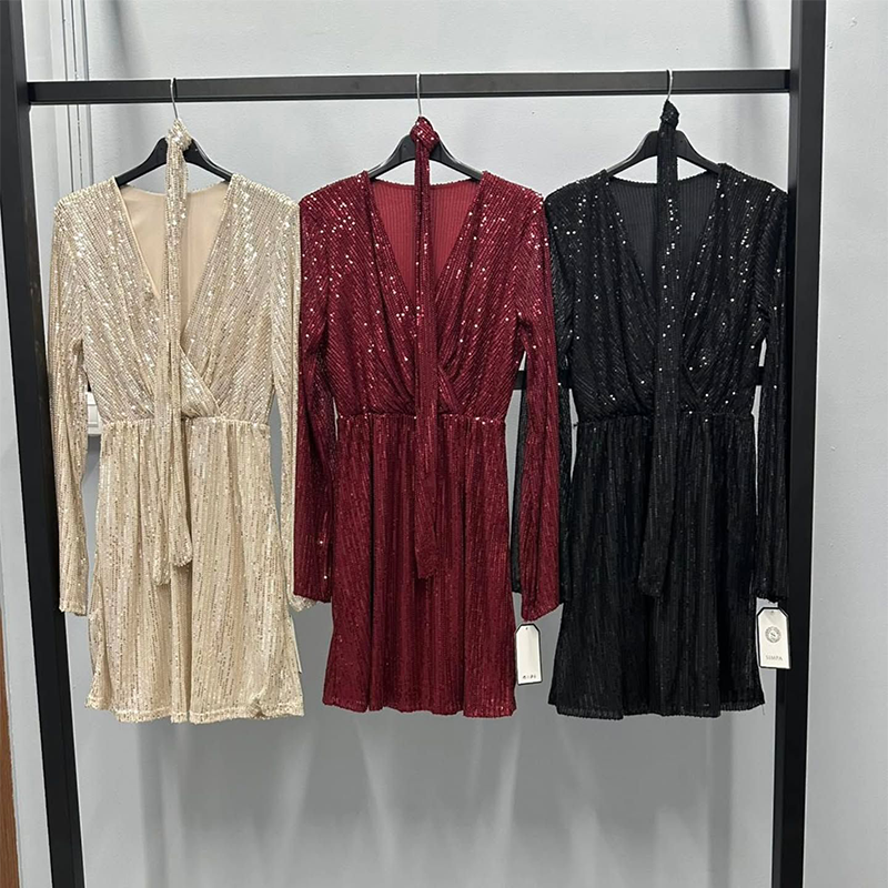 🔥Limited-time offer-Women's Sparkly V-Neck Long Sleeve Dress with Waist Tie