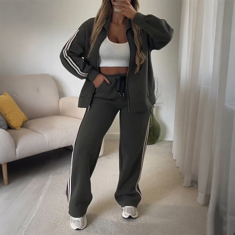 🔥Hot Sale Offers-Women's Casual Two-Piece Tracksuit Zip Jacket & Striped Pants