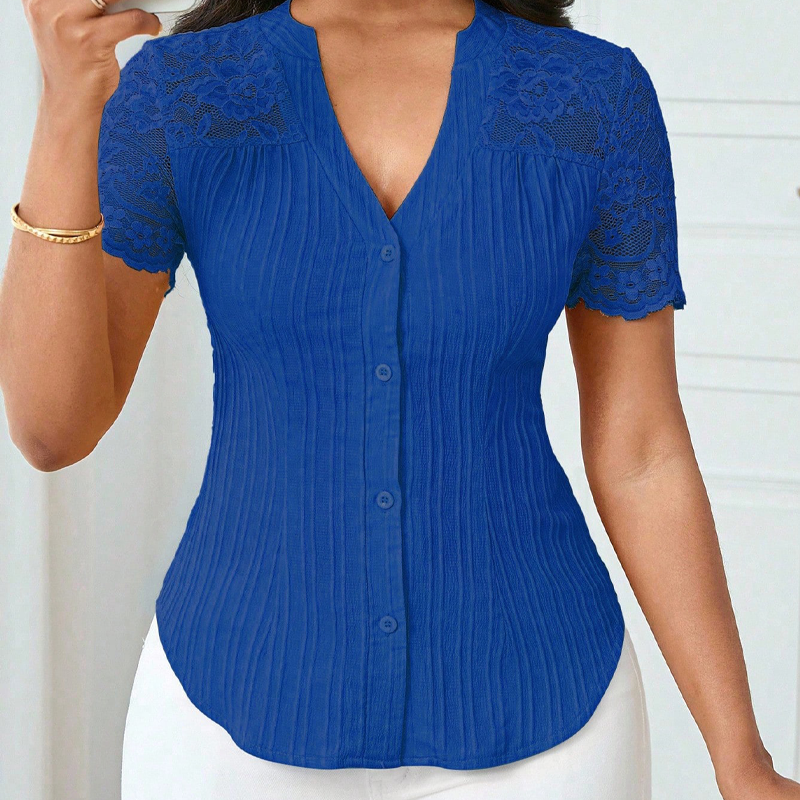 š„Limited-time offer-Women's V-Neck Lace Sleeve Button Down Summer Blouse