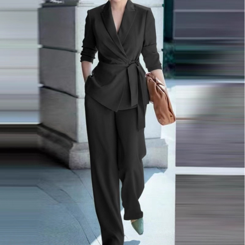 🔥Limited-time offer-Women's Elegant Tie-Waist Blazer and Wide-Leg Pants Suit Set