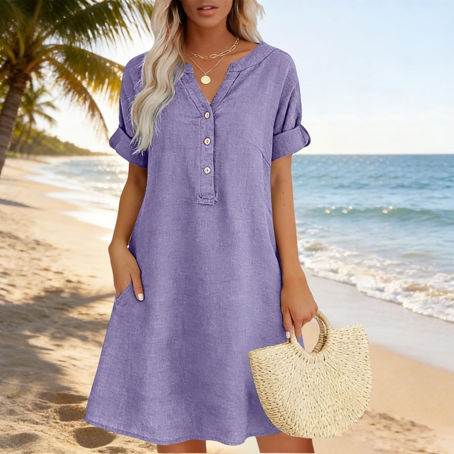 🏖️Summer Hot Sale - 50% OFF🏝️👗Women's V-Neck Tunic Dress – Relaxed Fit, Pockets & Breathable