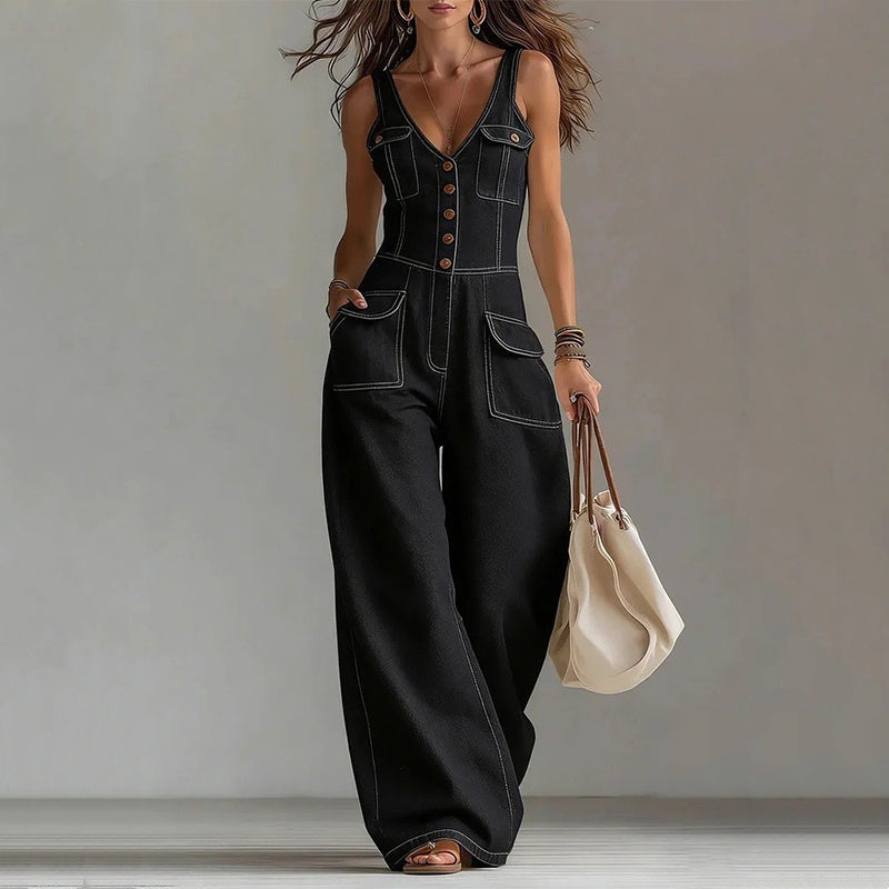 ๐ LIMITED-TIME 50% OFF! ๐ฅ Women's Denim Jumpsuit โ Button-Front, Wide-Leg, Cotton Blend โจ
