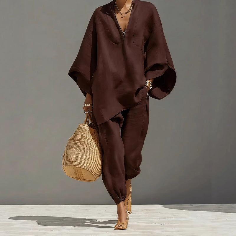 Women's Summer Slouchy Loose Fit Pants Set with Batwing Sleeves