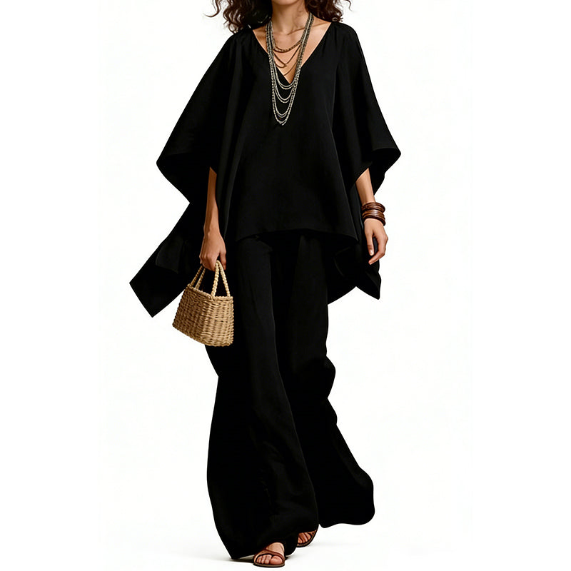 Women's V-Neck Batwing Sleeve Top & Wide-Leg Pants Set