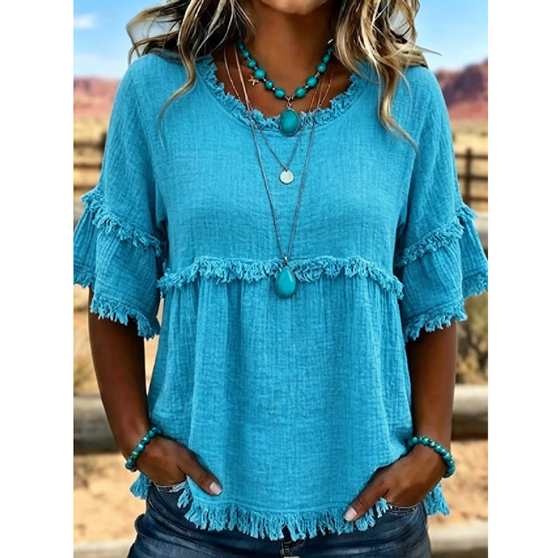 Women's Casual Fringe-Trim Ruffle Sleeve Top