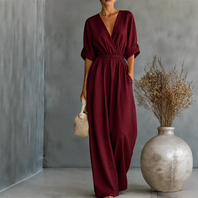Women's Elegant V-Neck Wide-Leg Jumpsuit