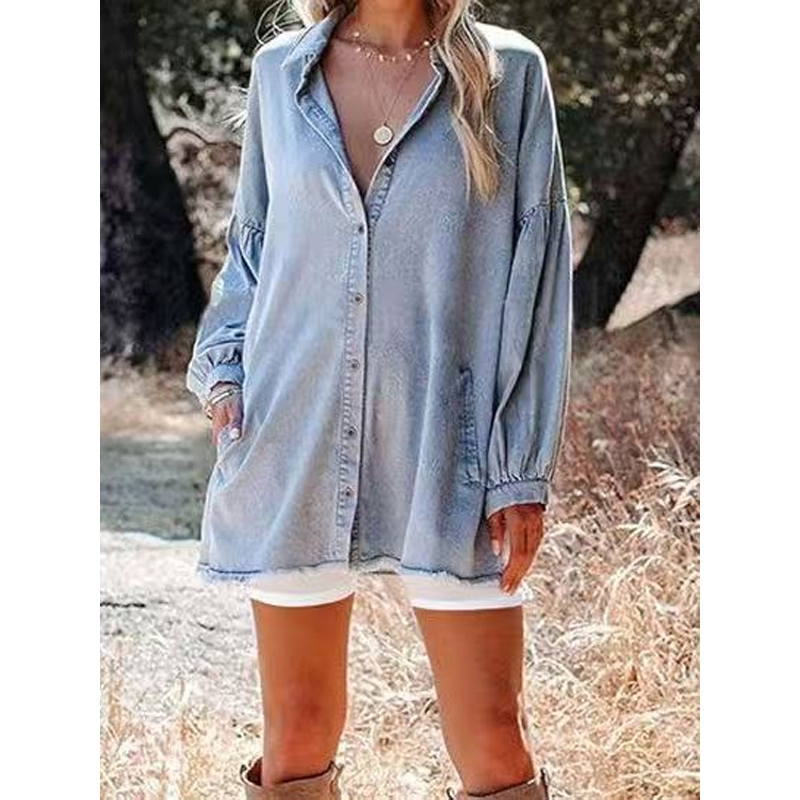 Women's Casual Lantern Sleeve Denim Top