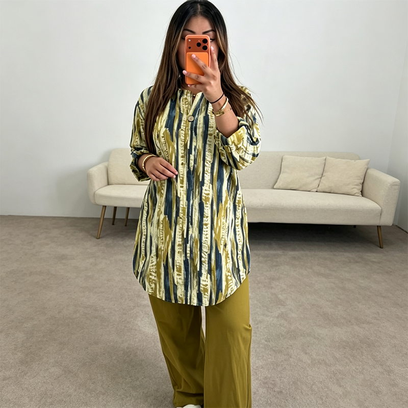 Women Tie Dye V Neck Blouse Roll Up Sleeve