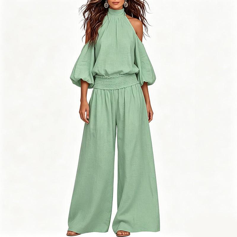 Women's Cold Shoulder Halter Neck Top & Wide-Leg Trousers Set ๐ธ Bare the Shoulders, Free the Legs โ Summer's Most Flattering Co-Ord โจ
