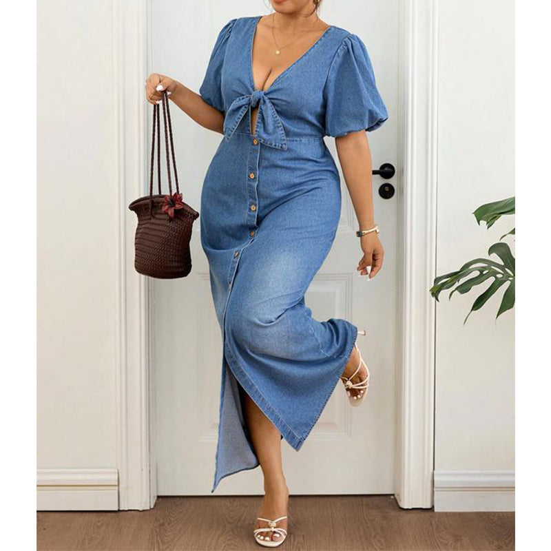 ๐ธ๐ LIMITED TIME 50% OFF! ๐V-Neck Denim Maxi Dress โ Cinched waist & flowing length โ Flatter your figure in style.