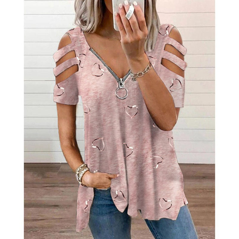 Heart Print V-Neck Zip T-Shirt